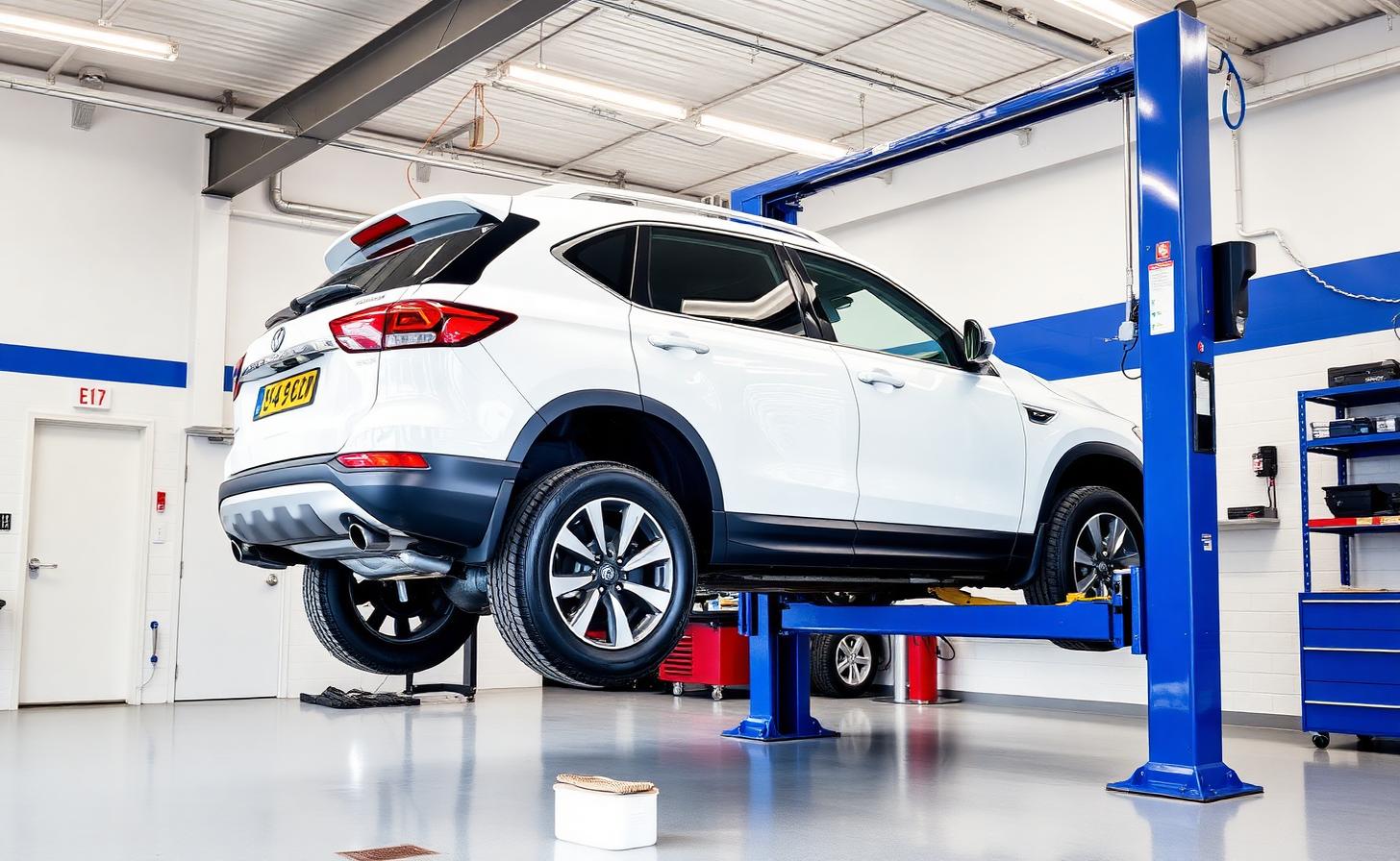 A vehicle raised on a blue two-post automotive lift in a clean service shop